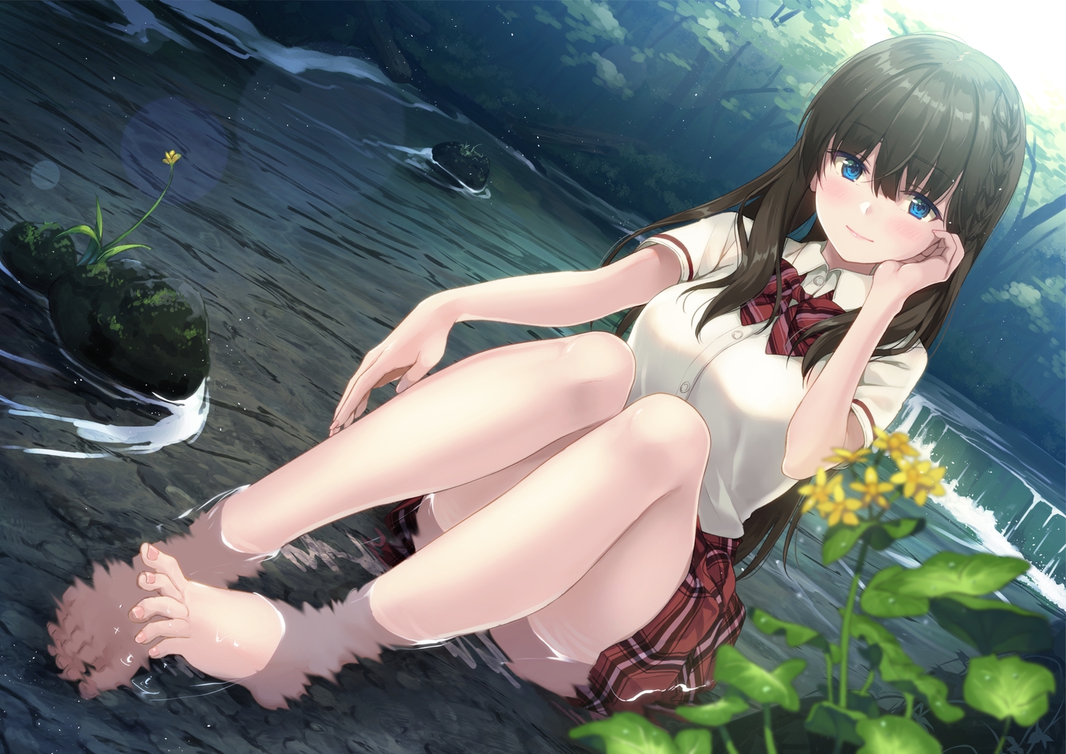 barefoot, blue_eyes, blush, bow, braids, brown_hair, flowers, forest, long_hair, original, school_uniform, skirt, tree, unasaka_ryou, water