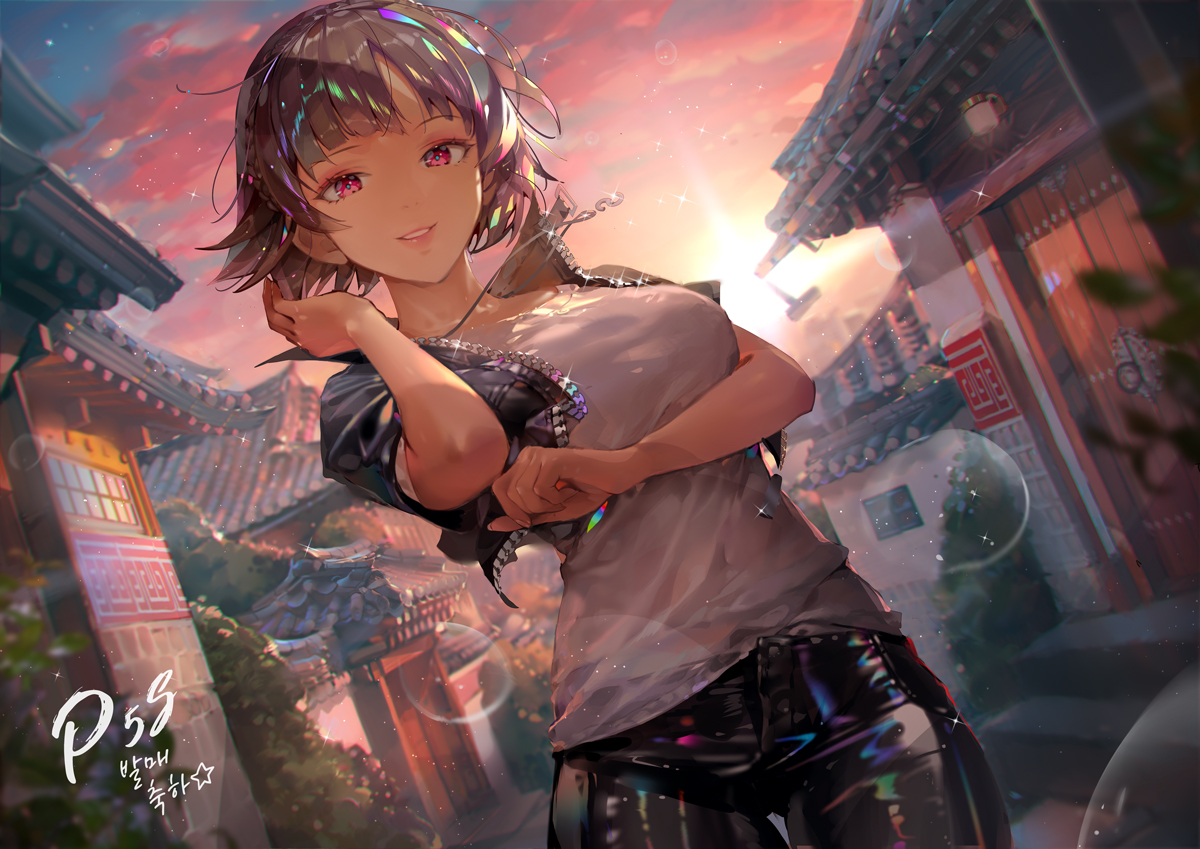 breast_hold, brown_hair, building, city, clouds, dahl_lange, necklace, niijima_makoto