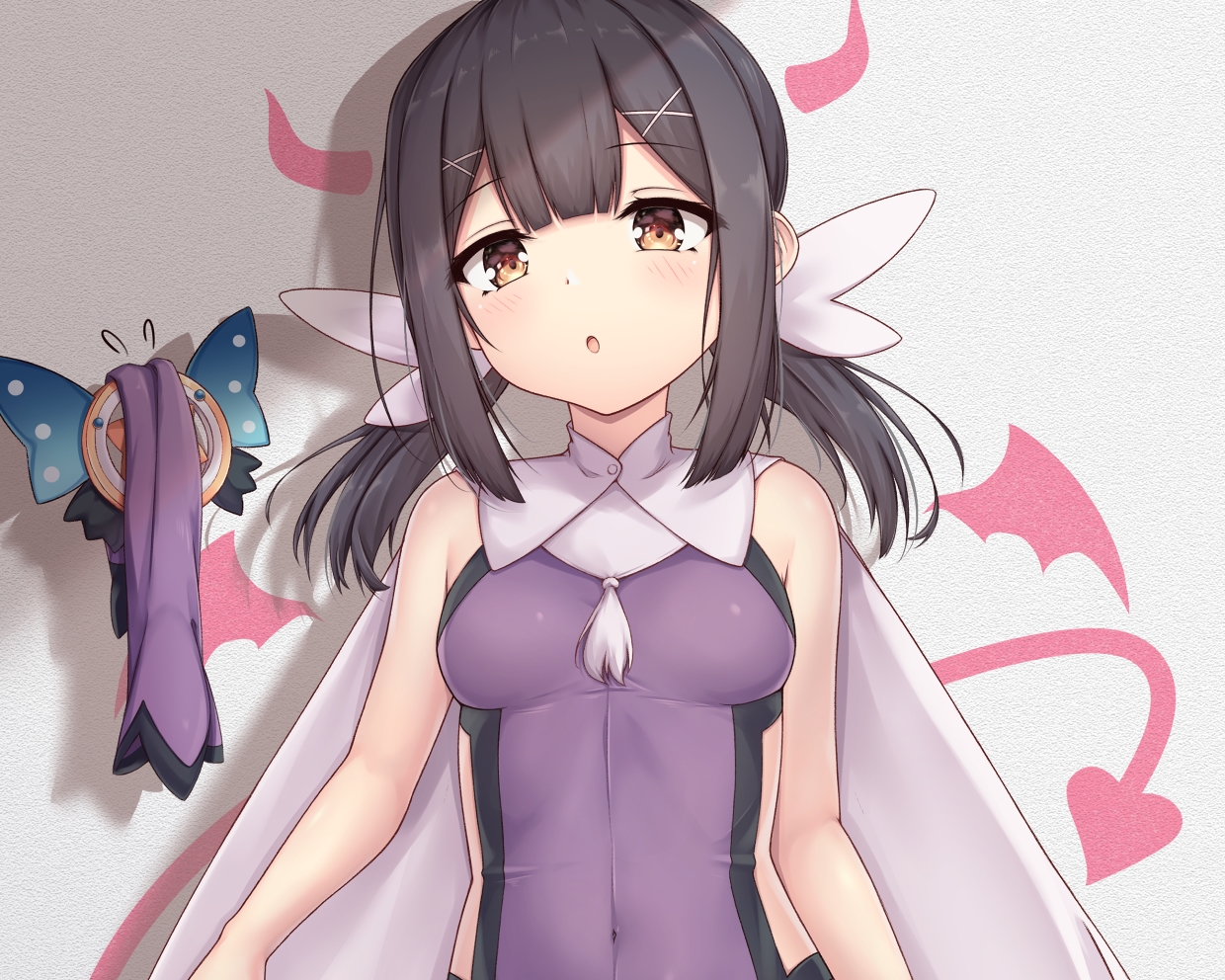 arata_(xin), black_hair, blush, brown_eyes, cape, cropped, fate/grand_order, fate/kaleid_liner_prisma_illya, fate_(series), leotard, miyu_edelfelt, short_hair, skintight, twintails