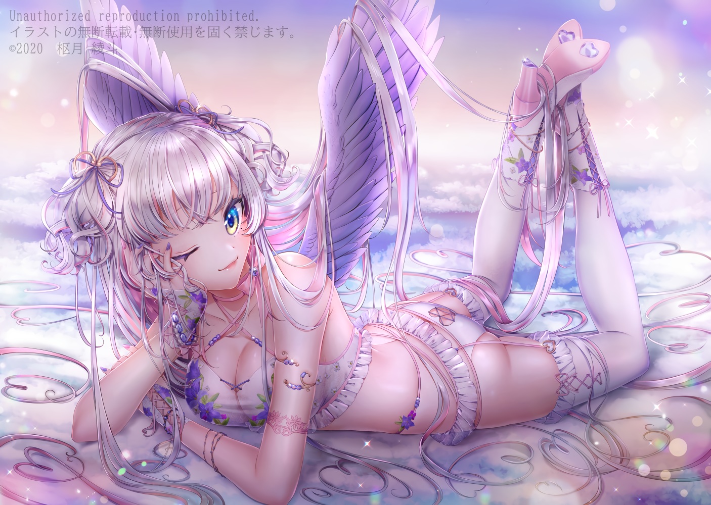 aliasing, aqua_eyes, ass, blush, breasts, cleavage, garter_belt, gloves, long_hair, original, panties, ribbons, stockings, suuzuki_ayato, underwear, watermark, white_hair, wings, wink