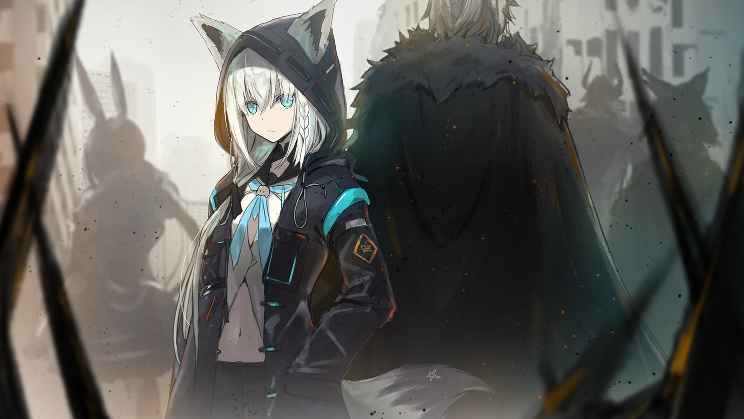 amiya_(arknights), animal_ears, aqua_eyes, arknights, braids, bunny_ears, bunnygirl, catgirl, denken, foxgirl, group, hololive, hood, kal'tsit_(arknights), male, matterhorn_(arknights), navel, shirakami_fubuki, silverash_(arknights), tail, white_hair