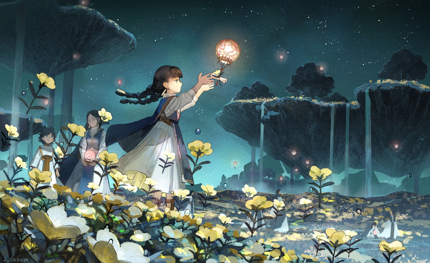 black_hair, braids, dress, flowers, group, long_hair, original, paper, sasumata_jirou, scenic, signed, sky, stars, tree, twintails, water, waterfall