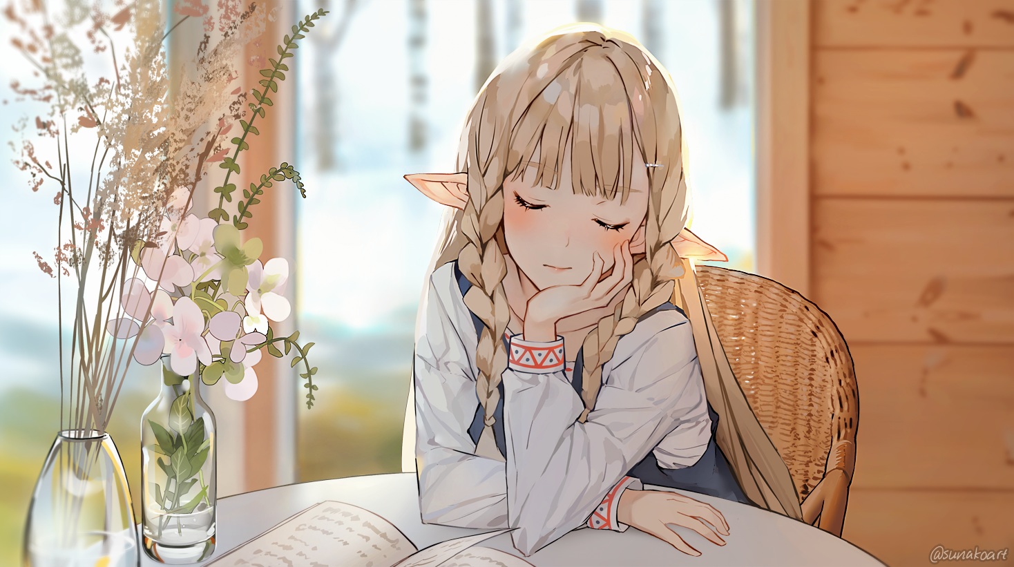 blonde_hair, book, braids, flowers, long_hair, original, pointed_ears, shirt