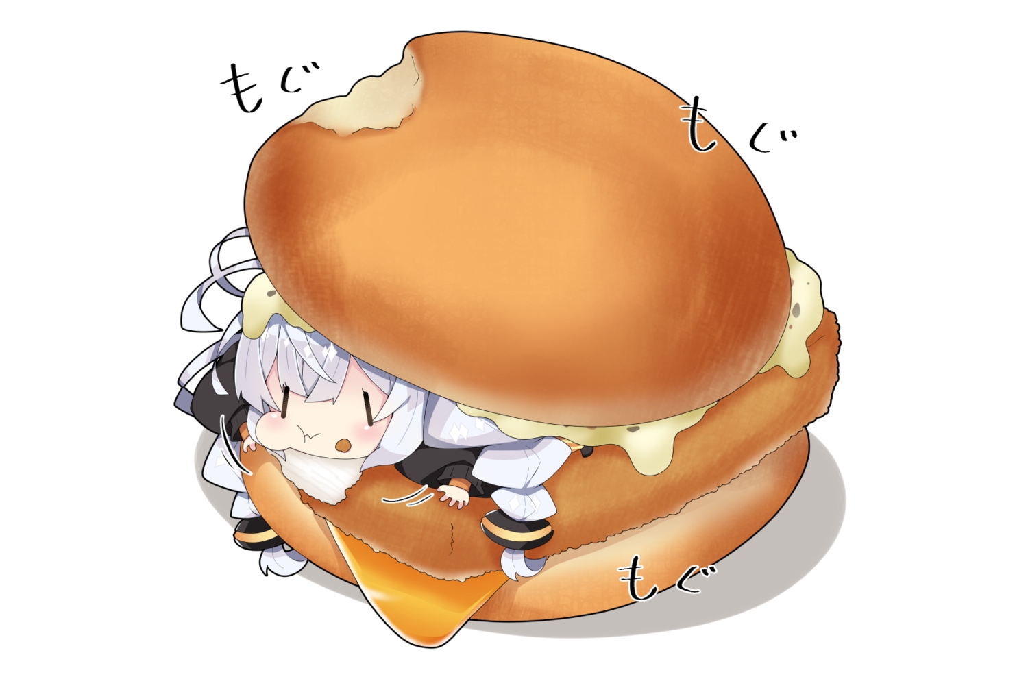 braids, chibi, food, gray_hair, kizuna_akari, milkpanda, twintails, voiceroid