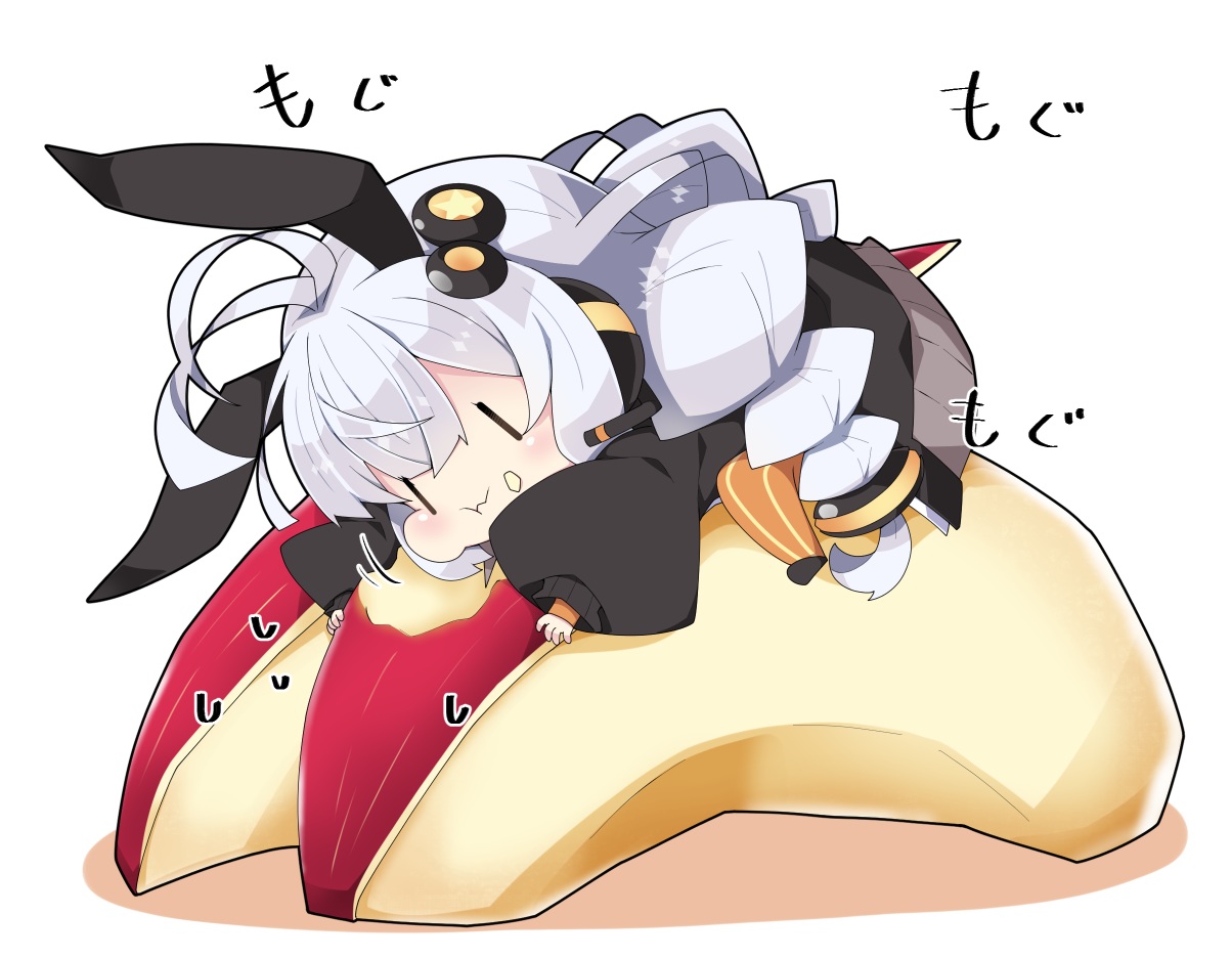 apple, chibi, food, fruit, gray_hair, headphones, kizuna_akari, long_hair