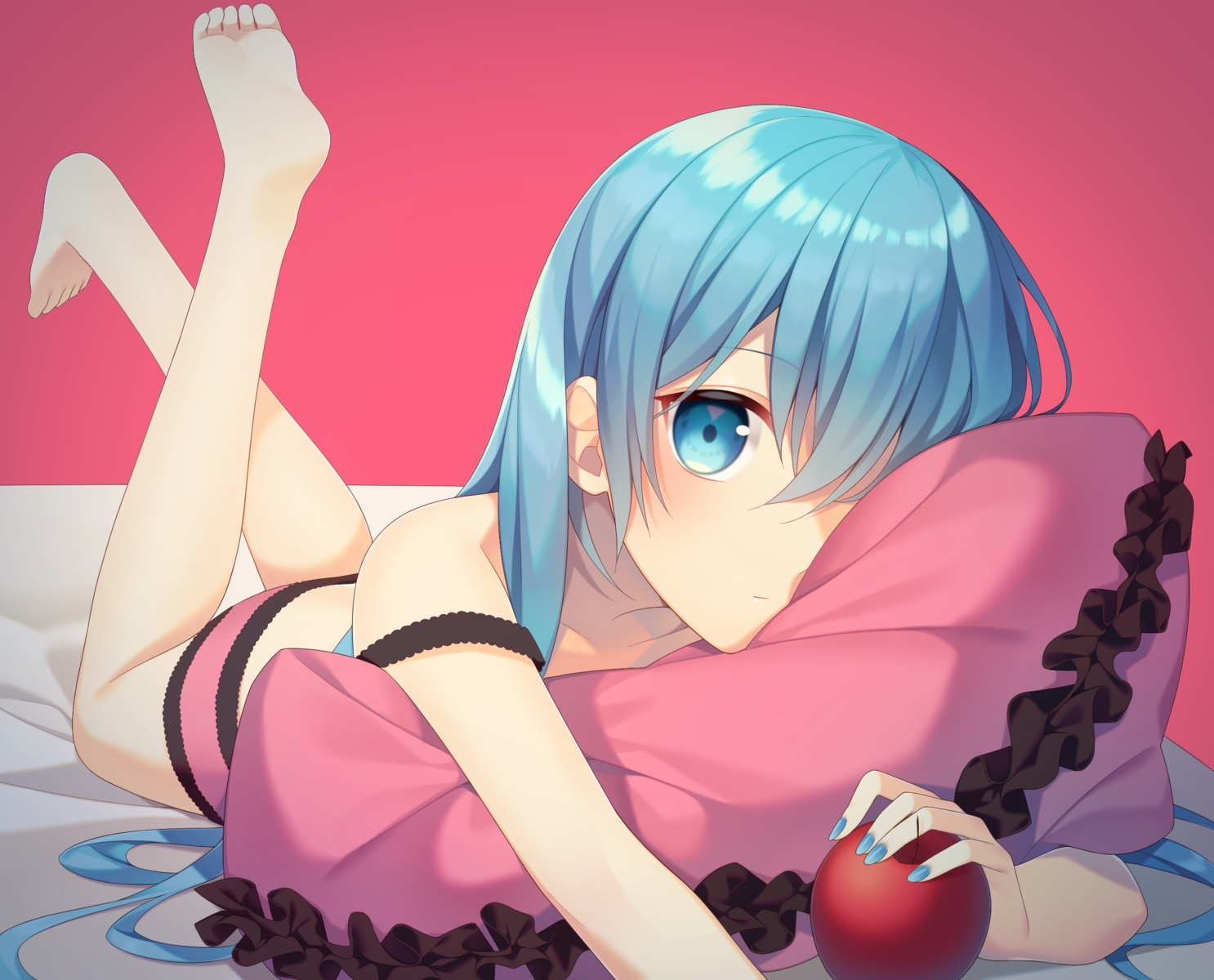 apple, aqua_eyes, aqua_hair, barefoot, food, fruit, hatsune_miku, long_hair, pajamas, romeo_and_cinderella_(vocaloid), shorts, tsumiki0326, vocaloid