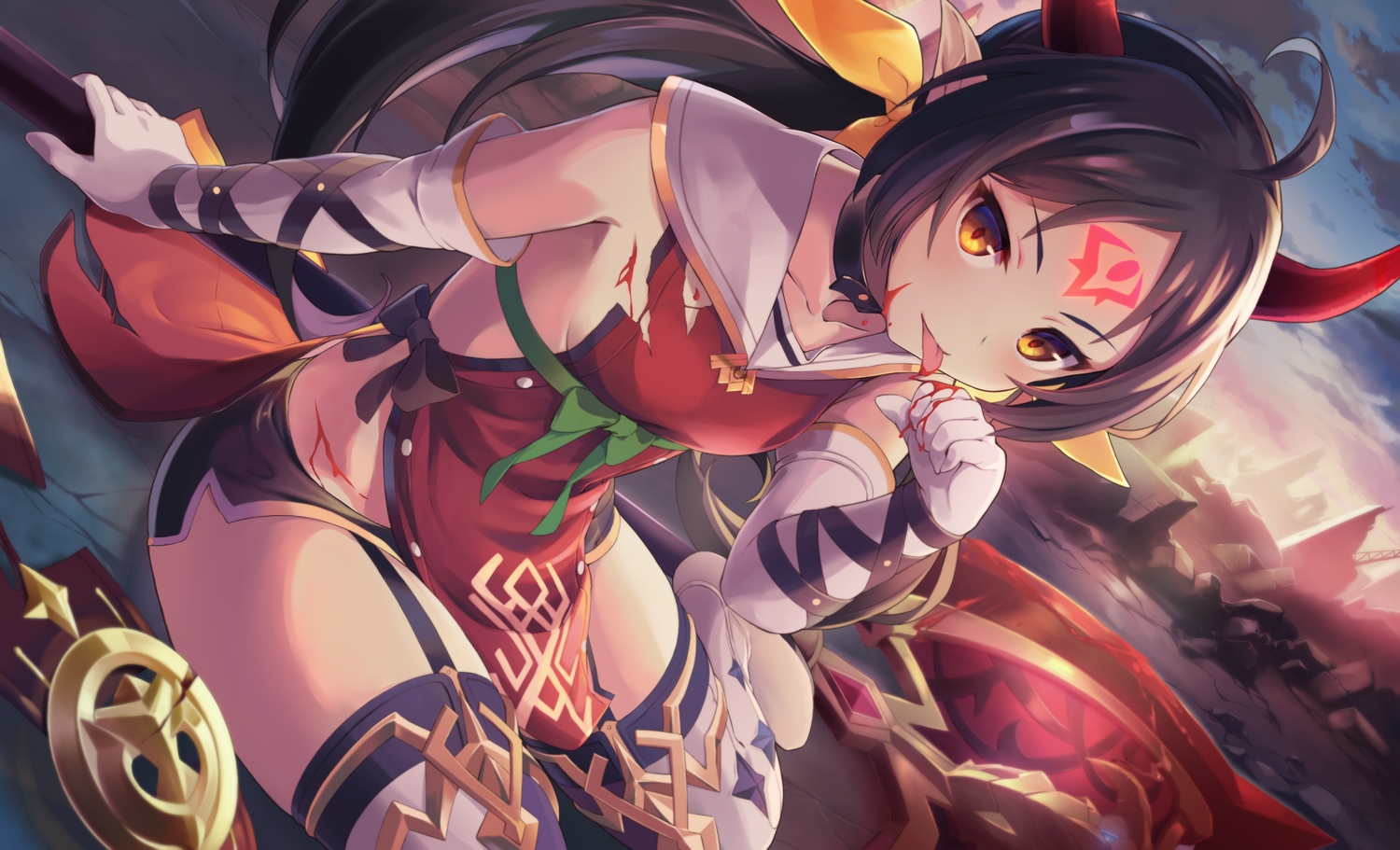 apocalypse_ravi_(epic7), blood, clouds, elbow_gloves, epic7, garter_belt, gloves, horns, long_hair, misashi_(raichi821), no_bra, orange_eyes, pointed_ears, ponytail, ruins, sky, stockings, tattoo, torn_clothes, weapon