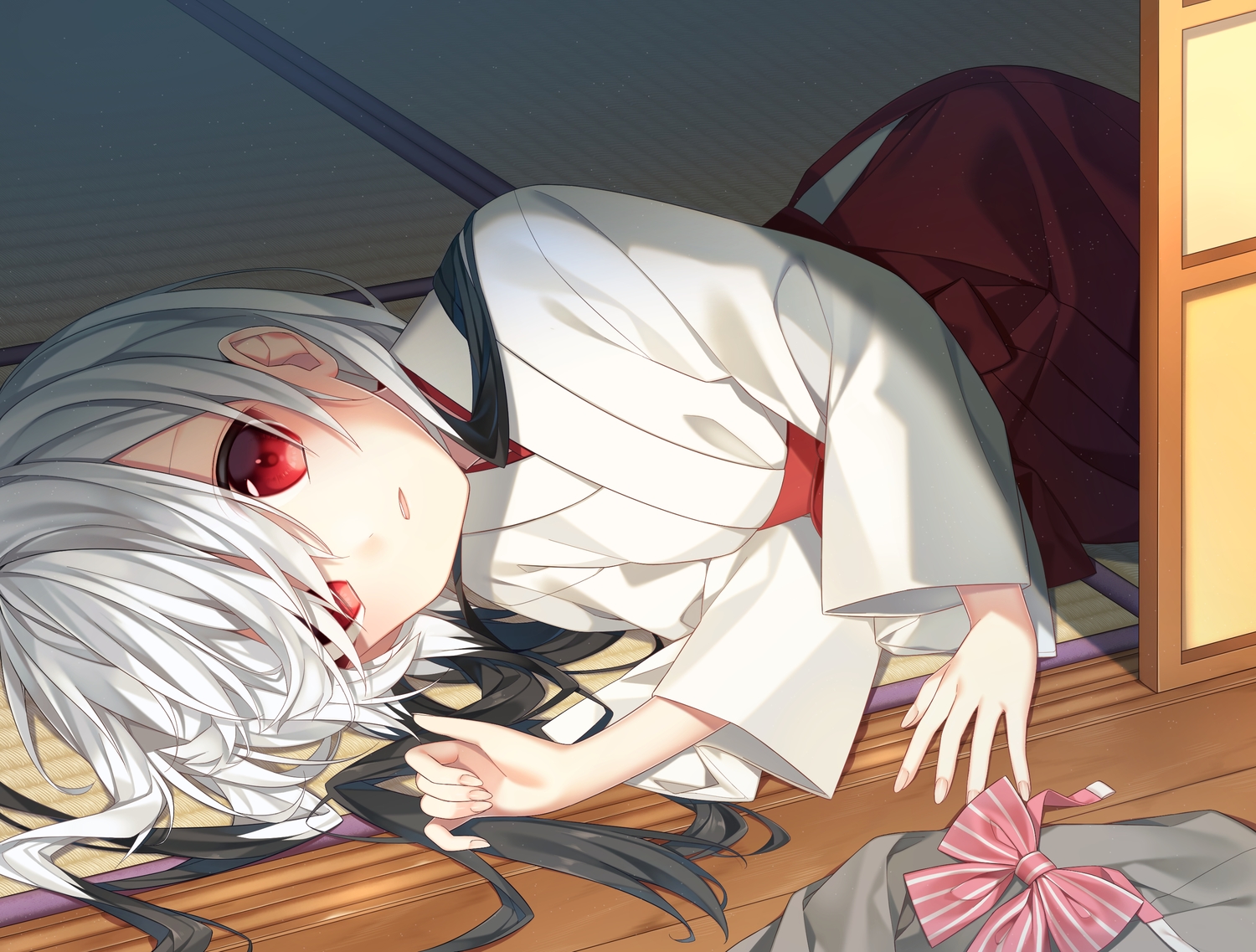 blush, japanese_clothes, long_hair, miko, original, red_eyes, tsumiki0326, white_hair