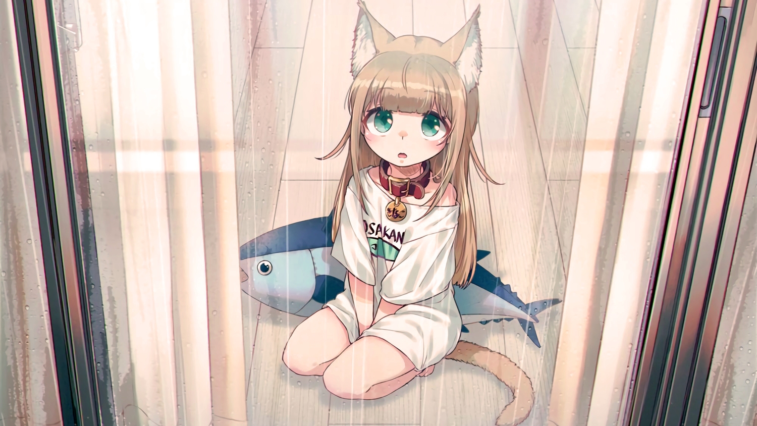 40hara, animal_ears, brown_hair, catgirl, choker, fang, green_eyes, kinako_(40hara)
