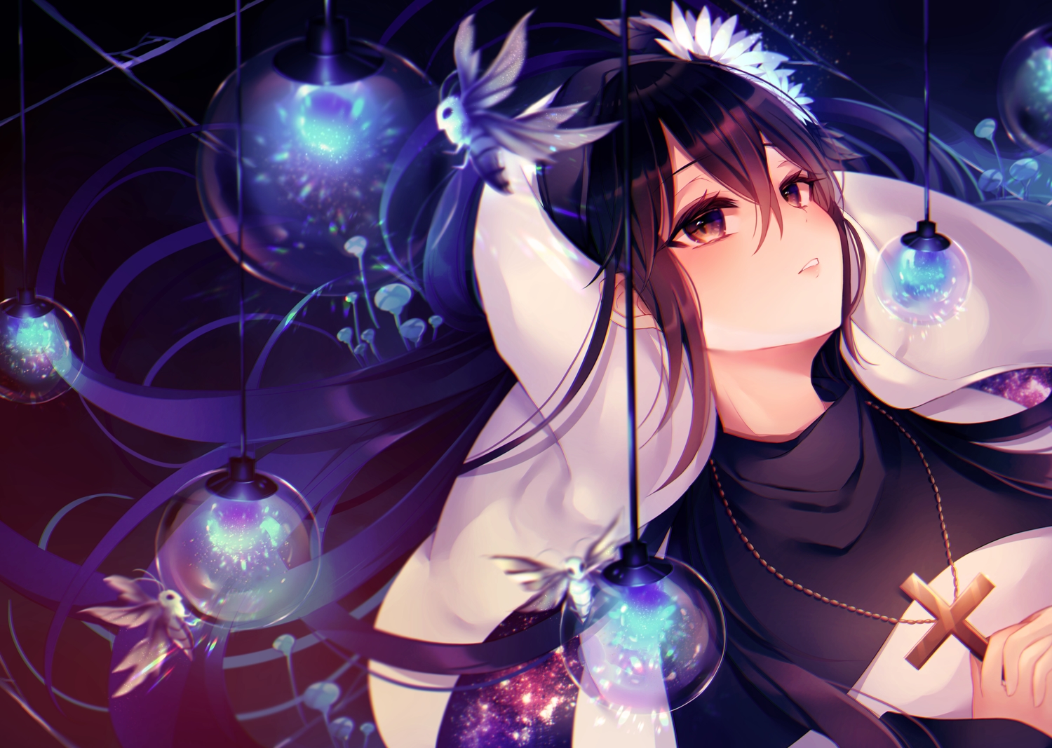black_hair, cross, flowers, kuro_namako, long_hair, nun, original