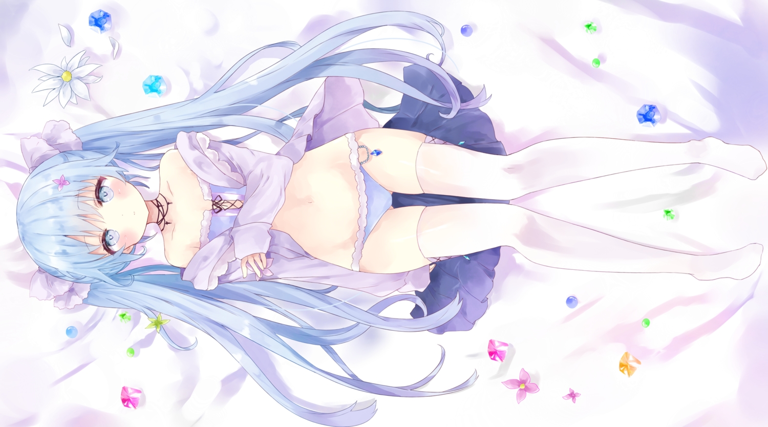 blue_eyes, blue_hair, blush, choker, flat_chest, flowers, hood, long_hair, original, panties, petals, skirt, thighhighs, tsukiyo_(skymint), twintails, underwear