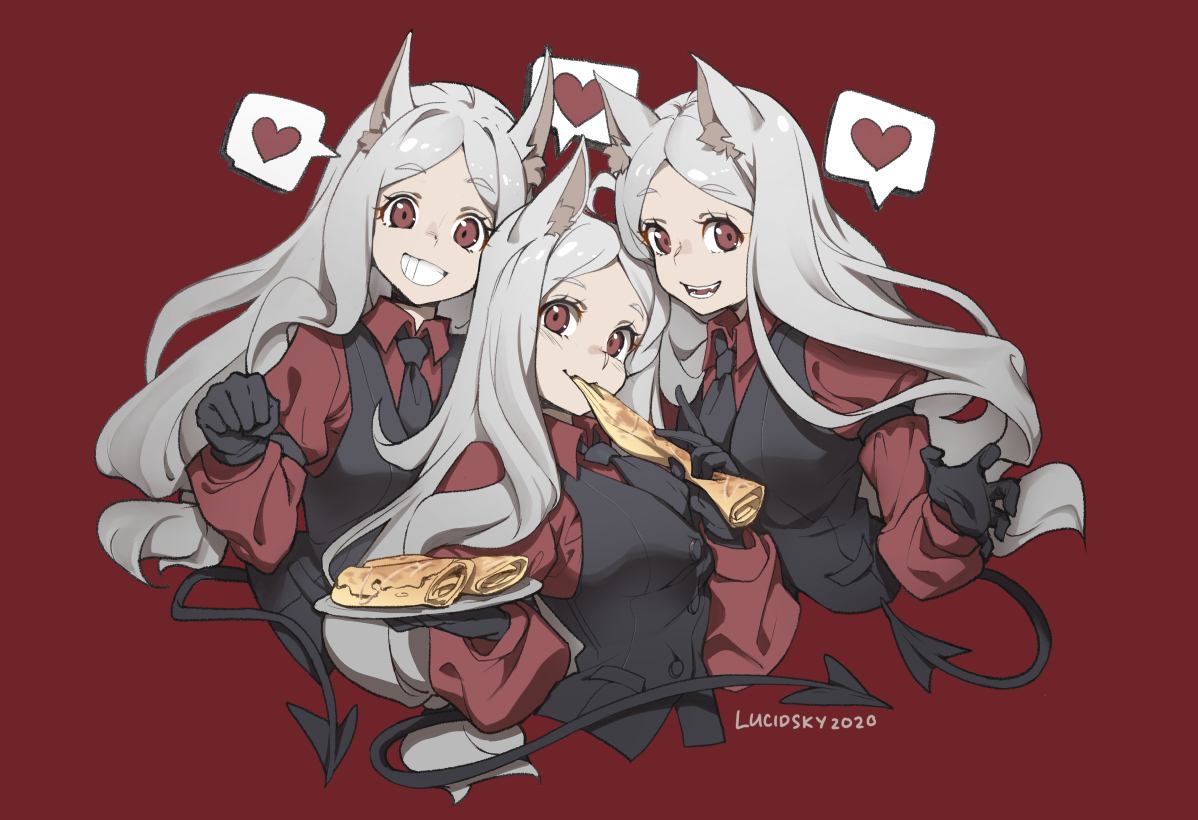 animal_ears, cerberus_(helltaker), demon, doggirl, food, gray_hair, heart, helltaker