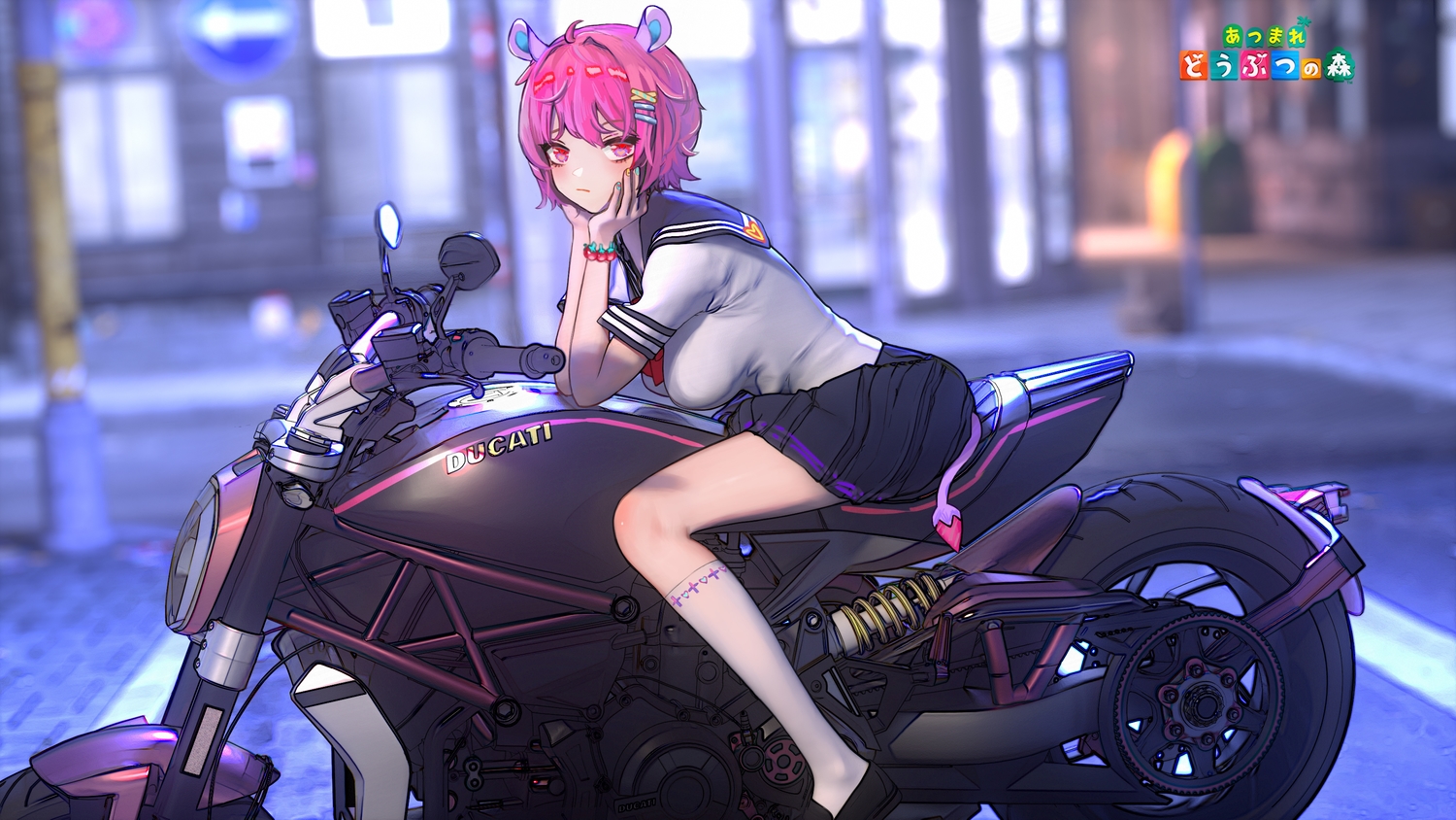 animal_ears, anthropomorphism, daodian_ji, doubutsu_no_mori, kneehighs, logo, motorcycle, osai_(doubutsu_no_mori), pink_hair, red_eyes, school_uniform, short_hair, skirt, tail, wristwear