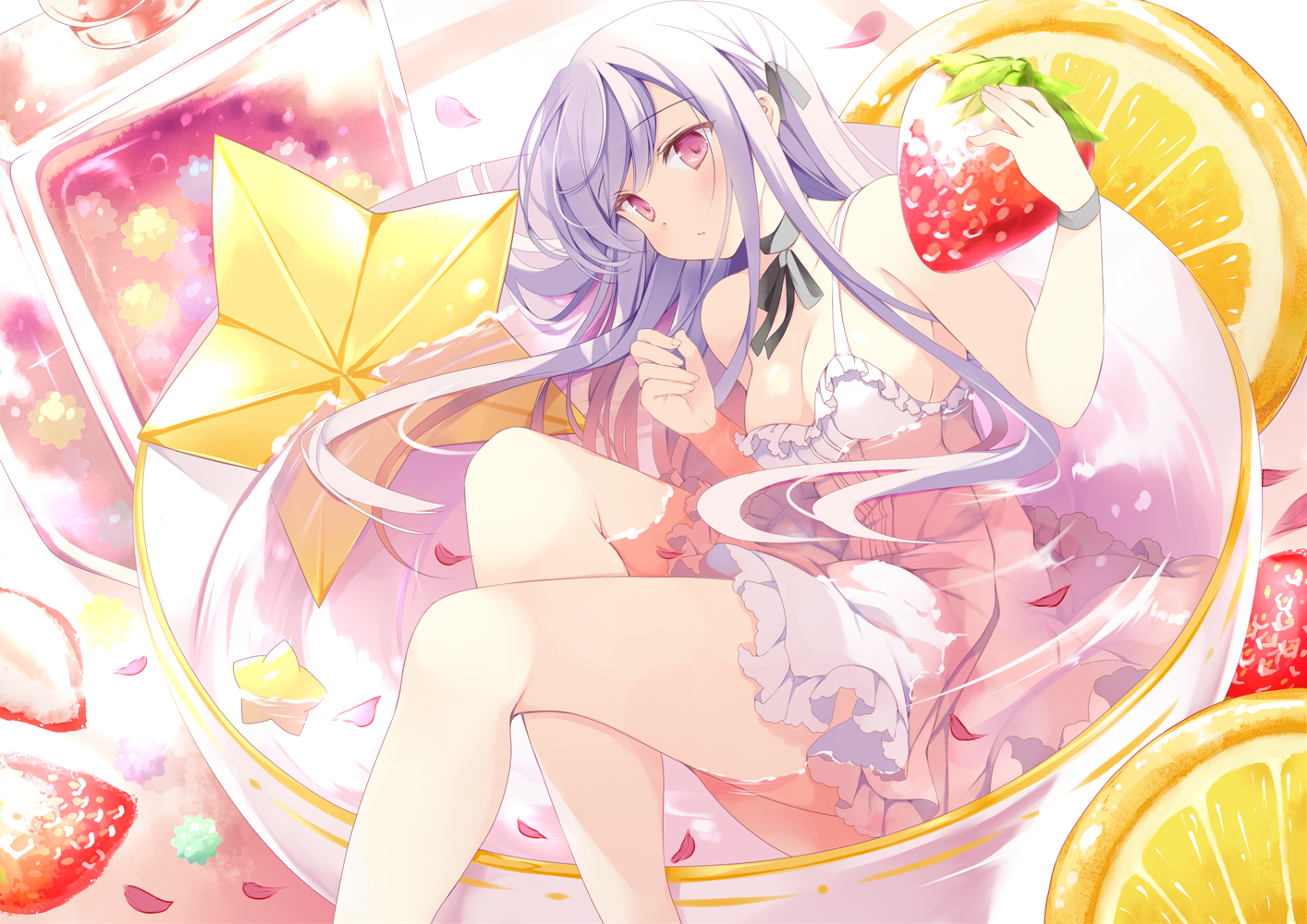 blush, breasts, candy, cleavage, dress, food, fruit, gray_hair, hoshino_koucha, long_hair, original, purple_eyes, strawberry, summer_dress, water