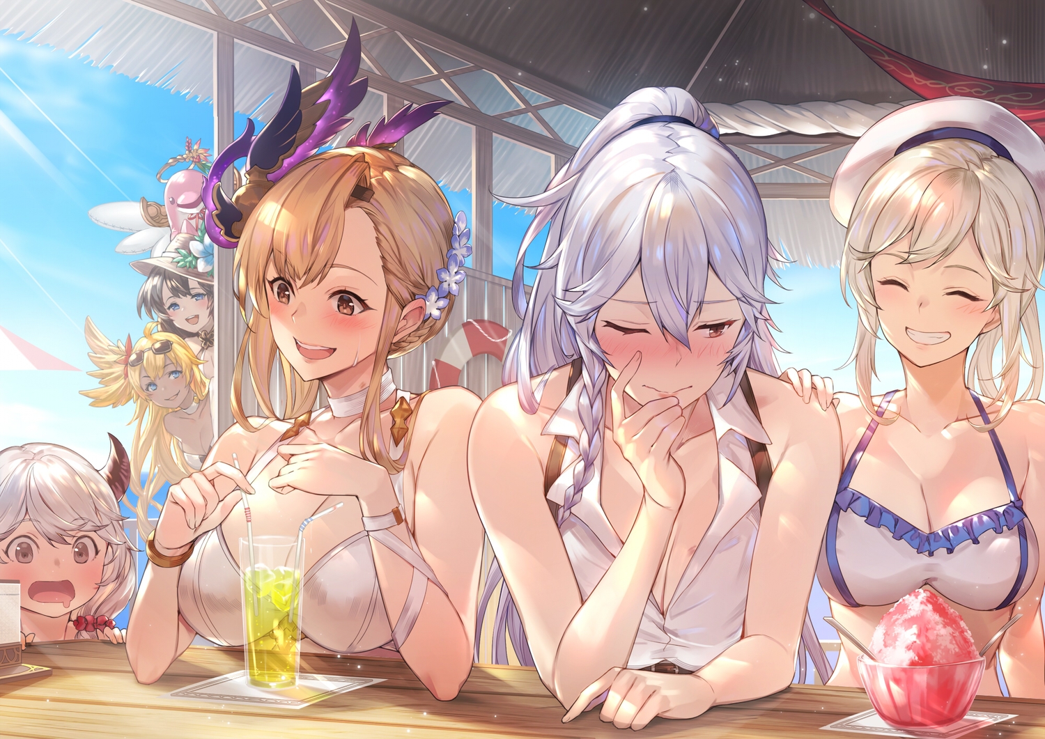 blonde_hair, blush, breasts, brown_eyes, cleavage, drink, granblue_fantasy, group, kakage, kukuru_(granblue_fantasy), long_hair, short_hair, silva_(granblue_fantasy), song_(granblue_fantasy), white_hair, wink