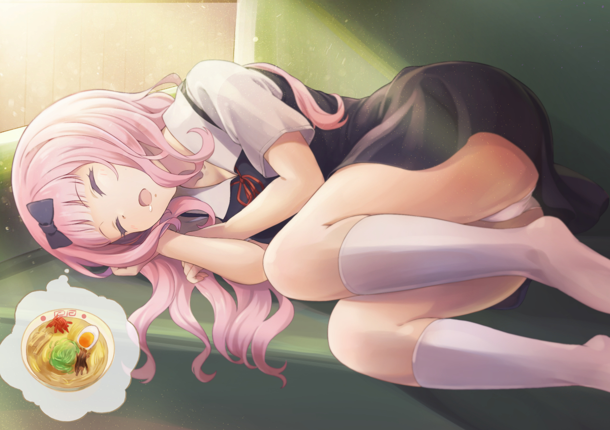 dress, food, fujiwara_chika, kaguya-sama_wa_kokurasetai_~tensai-tachi_no_renai_zunousen~, misashi_(raichi821), panties, pink_hair, school_uniform, sleeping, underwear