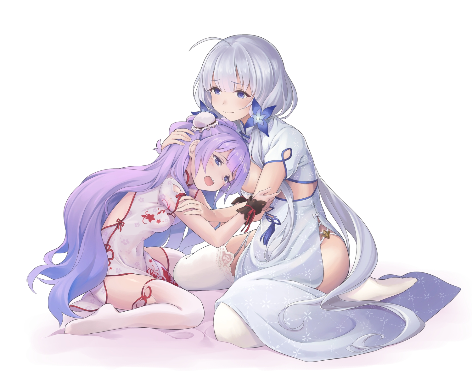 2girls, anthropomorphism, azur_lane, chinese_clothes, chinese_dress, dress, hug, illustrious_(azur_lane)