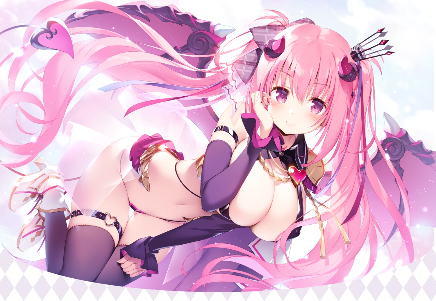 anneliese, blush, clouds, demon, erect_nipples, horns, kimagure_temptation, kimishima_ao, long_hair, navel, pink_hair, silkys_plus, sky, succubus, tail, thighhighs, wings