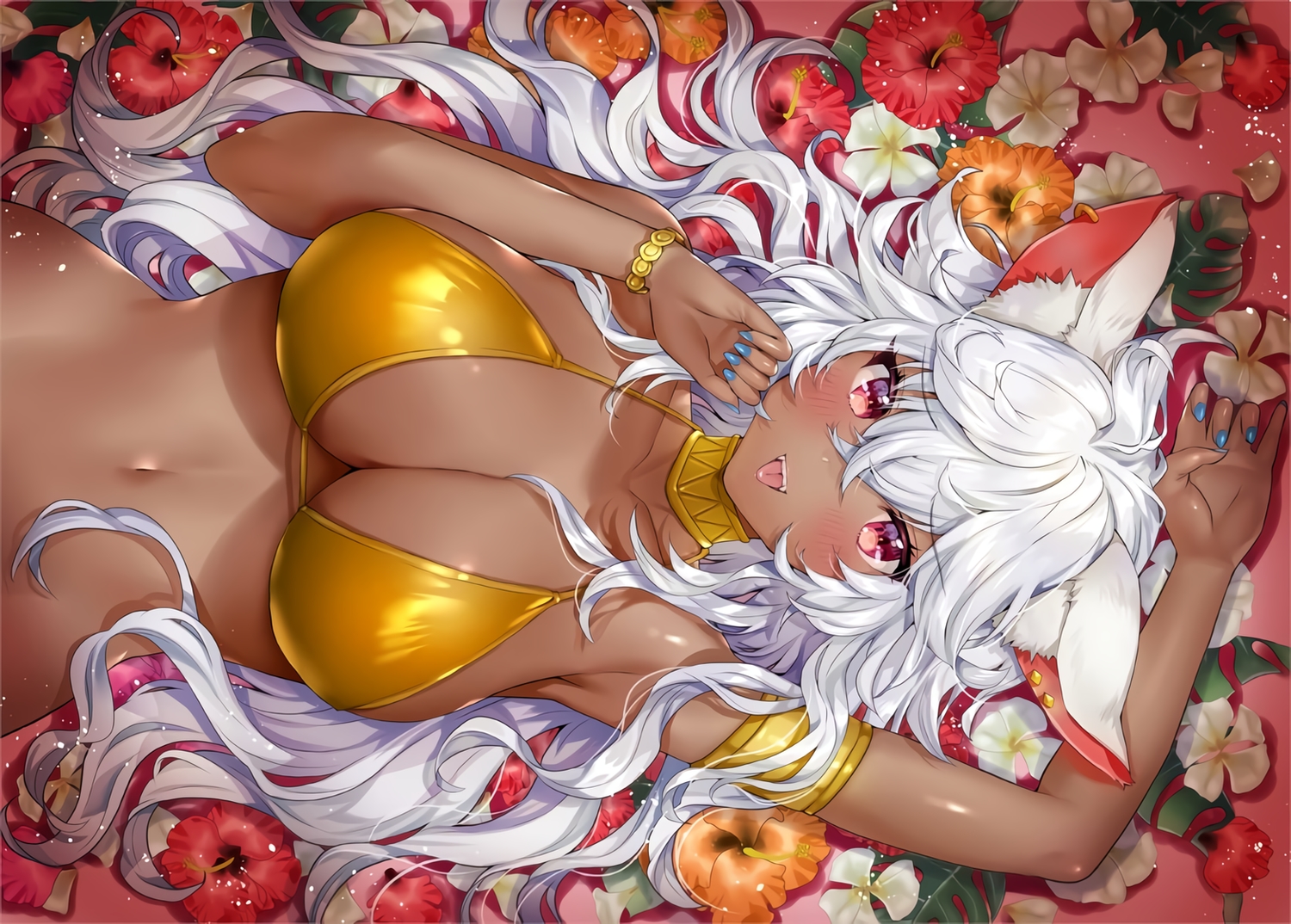 animal_ears, bikini_top, blush, breasts, dark_skin, fang, flowers, long_hair, mira_(ogino_atsuki), navel, ogino_atsuki, original, red_eyes, waifu2x, white_hair, wristwear