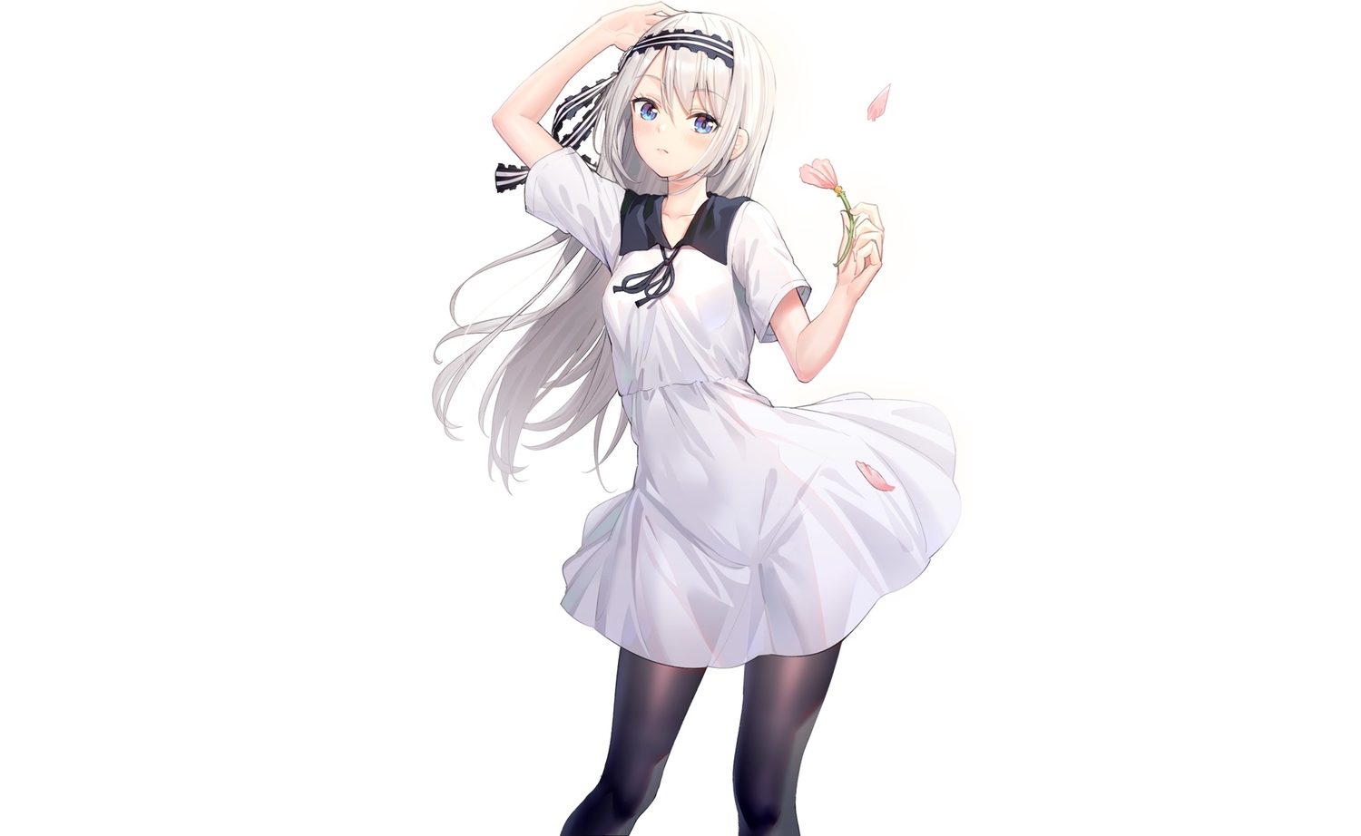 aqua_eyes, blush, dress, flowers, headband, kaguya-sama_wa_kokurasetai_~tensai-tachi_no_renai_zunousen~, long_hair, pantyhose, petals, ririko_(zhuoyandesailaer), school_uniform, shirogane_kei, white, white_hair