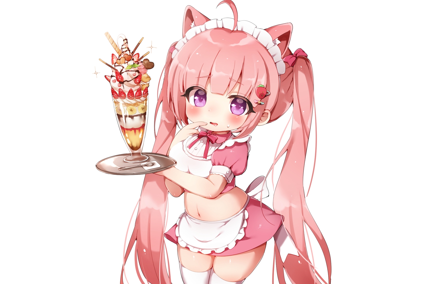animal_ears, apron, blush, catgirl, chocolate, food, fruit, headdress, ice_cream, koma_momozu, long_hair, maid, miruku_(koma_momozu), navel, original, pink_hair, purple_eyes, skirt, strawberry, thighhighs, twintails, waitress, white, zettai_ryouiki