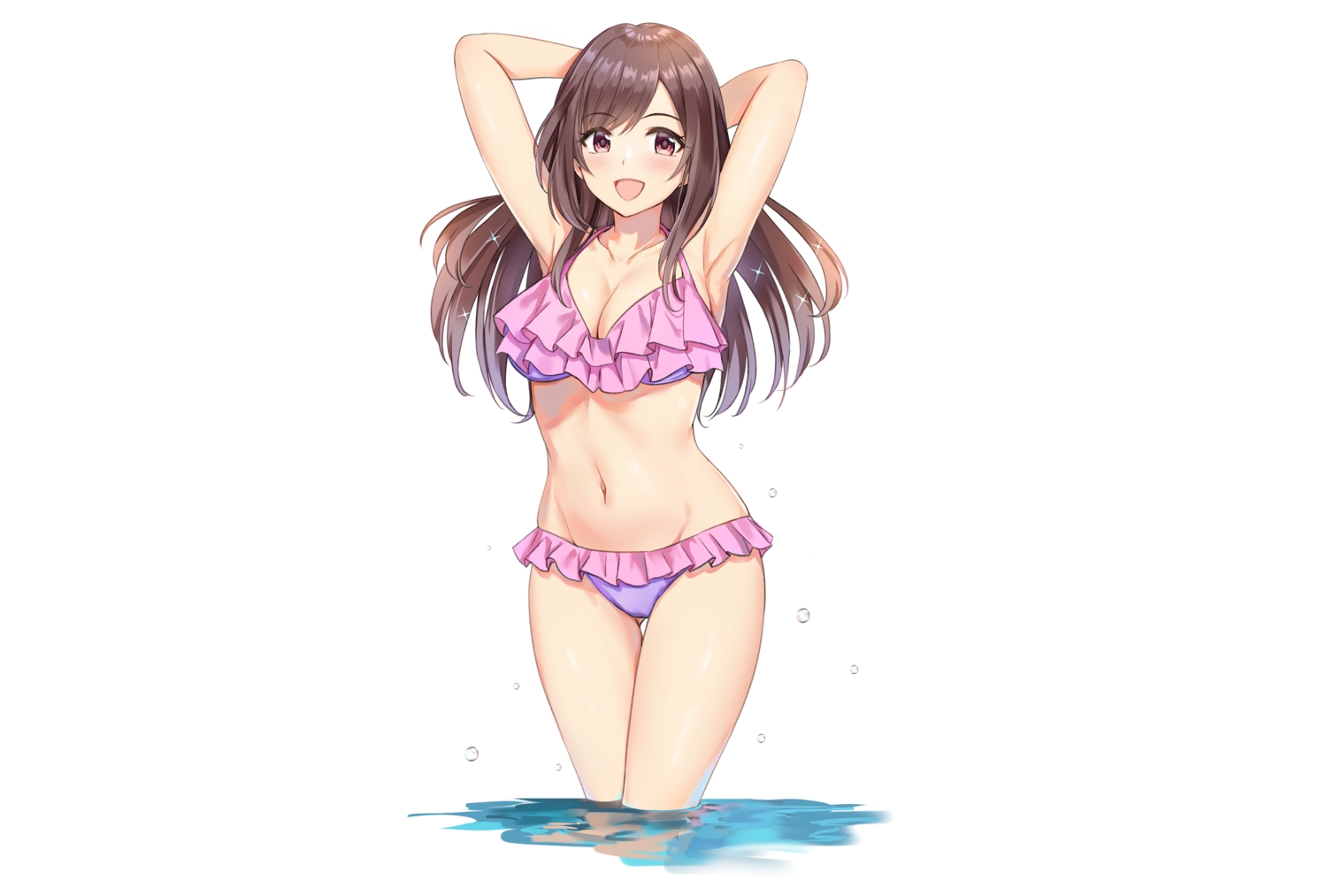 bikini, blush, breasts, brown_eyes, brown_hair, cleavage, idolmaster, idolmaster_shiny_colors, long_hair, miyar2d2, navel, swimsuit, tsukioka_kogane, water