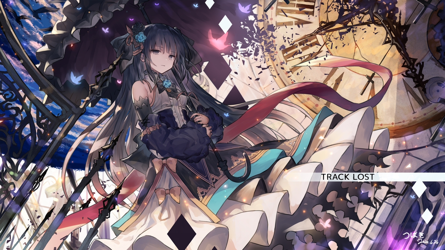 arcaea, dress, signed, tairitsu_(arcaea), tsubaki_(yi), umbrella