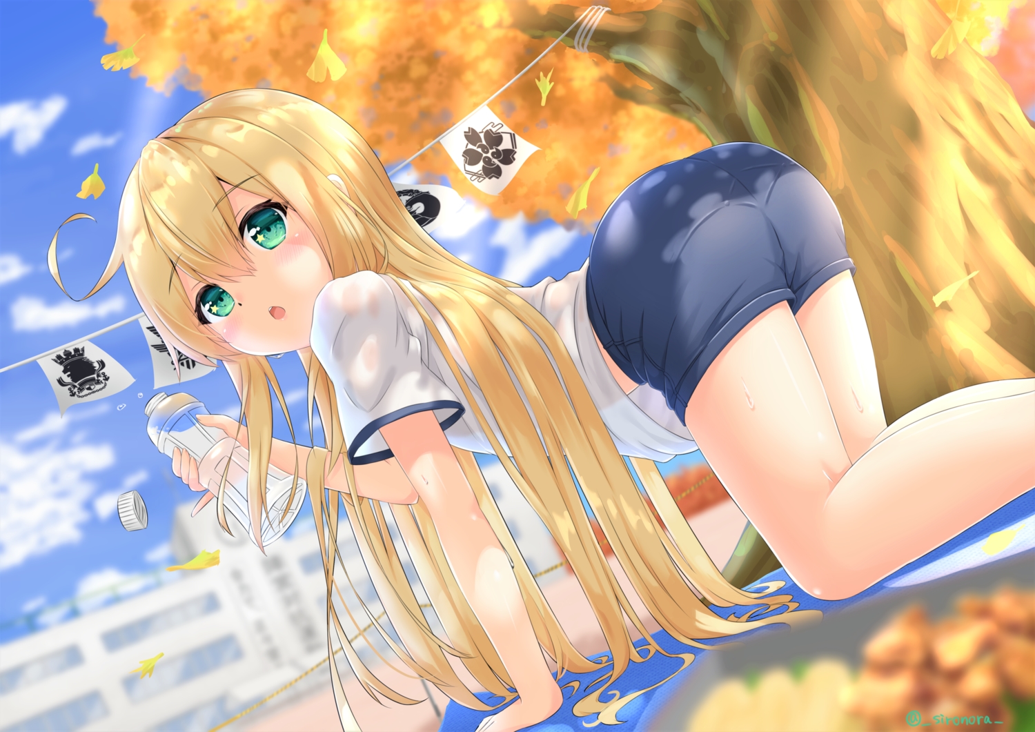 albacore_(azur_lane), anthropomorphism, autumn, azur_lane, gym_uniform, loli, shironora, signed