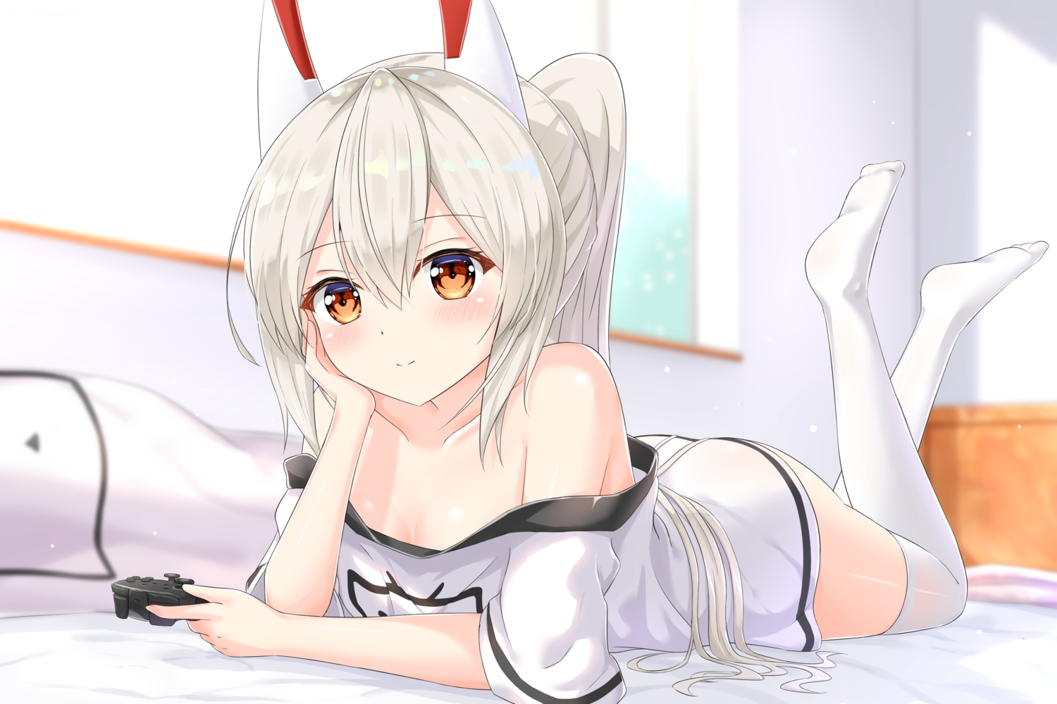 anthropomorphism, ayanami_(azur_lane), azur_lane, bed, blush, breasts, cleavage, game_console, orange_eyes, shironora, thighhighs, white_hair