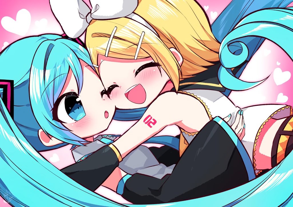 2girls, aqua_eyes, aqua_hair, blonde_hair, blush, bow, chibi, hatsune_miku, headband, hug, kagamine_rin, kasaki_sakura, long_hair, short_hair, signed, tattoo, twintails, vocaloid, wink
