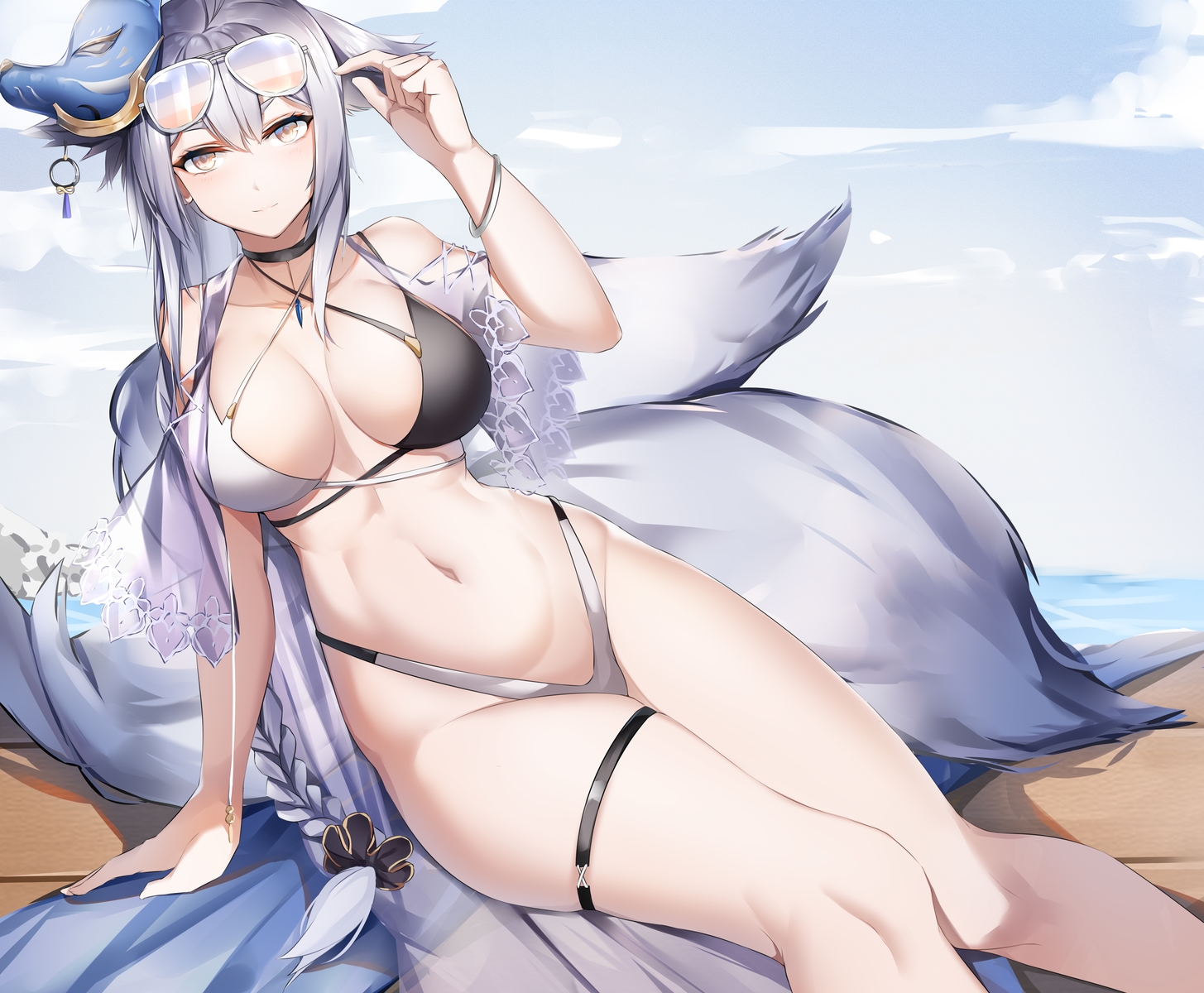 animal_ears, anthropomorphism, azur_lane, bikini, foxgirl, lubikaya1, mask, multiple_tails