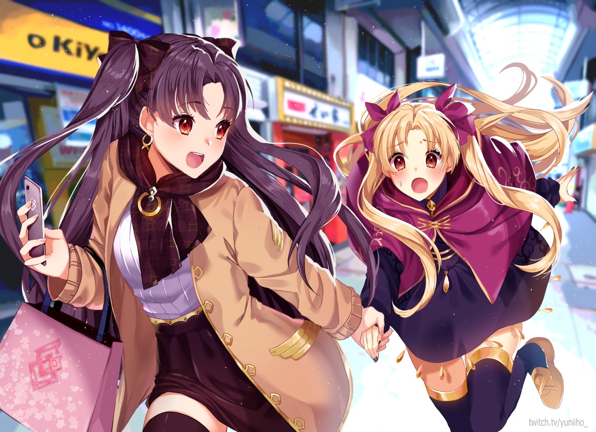 blonde_hair, blush, bow, brown_hair, ereshkigal_(fate/grand_order), fate/grand_order, fate_(series), ishtar_(fate/grand_order)