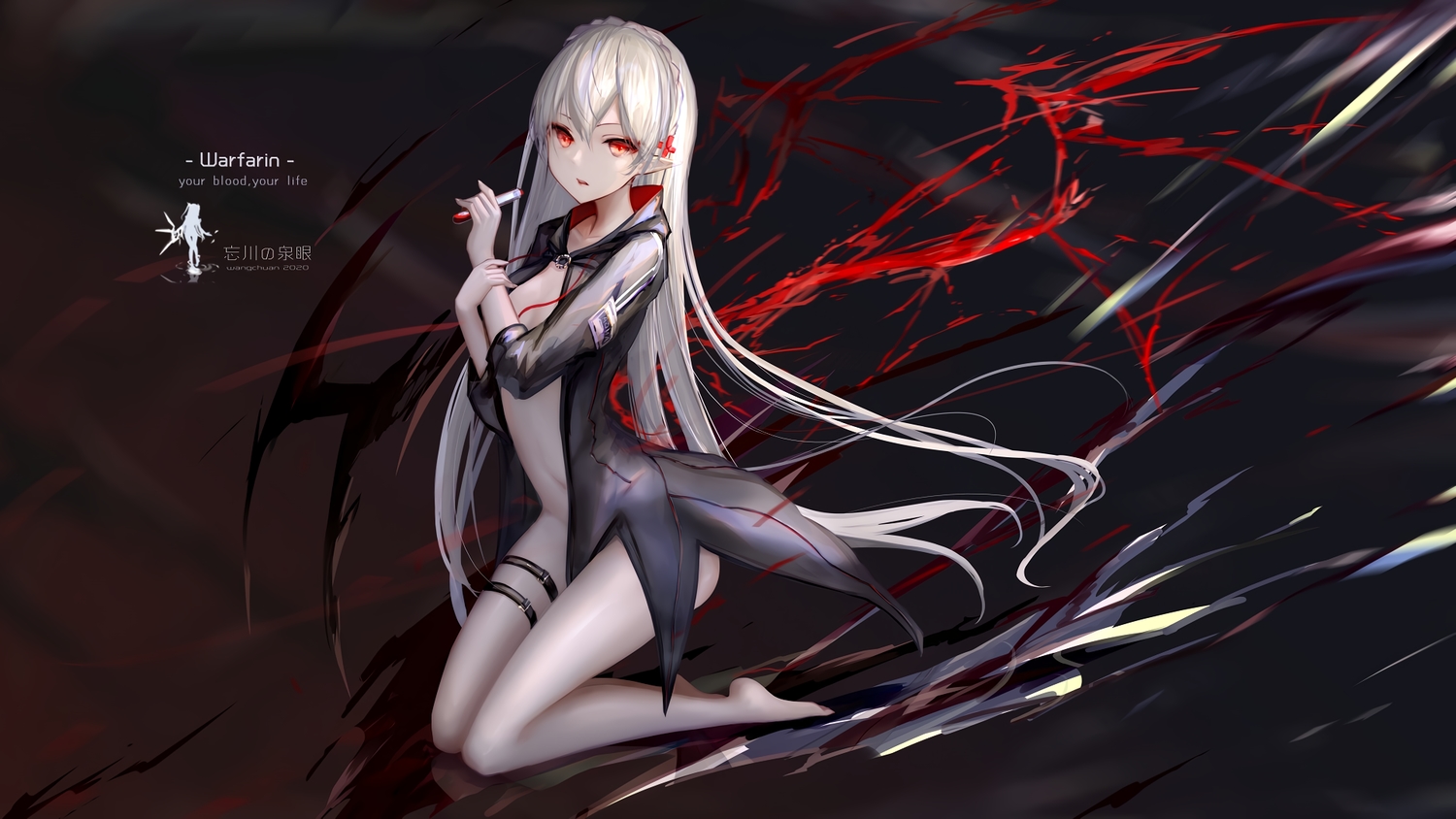 arknights, blood, long_hair, pointed_ears, red_eyes, vampire, wangchuan_de_quanyan, warfarin_(arknights), watermark, white_hair