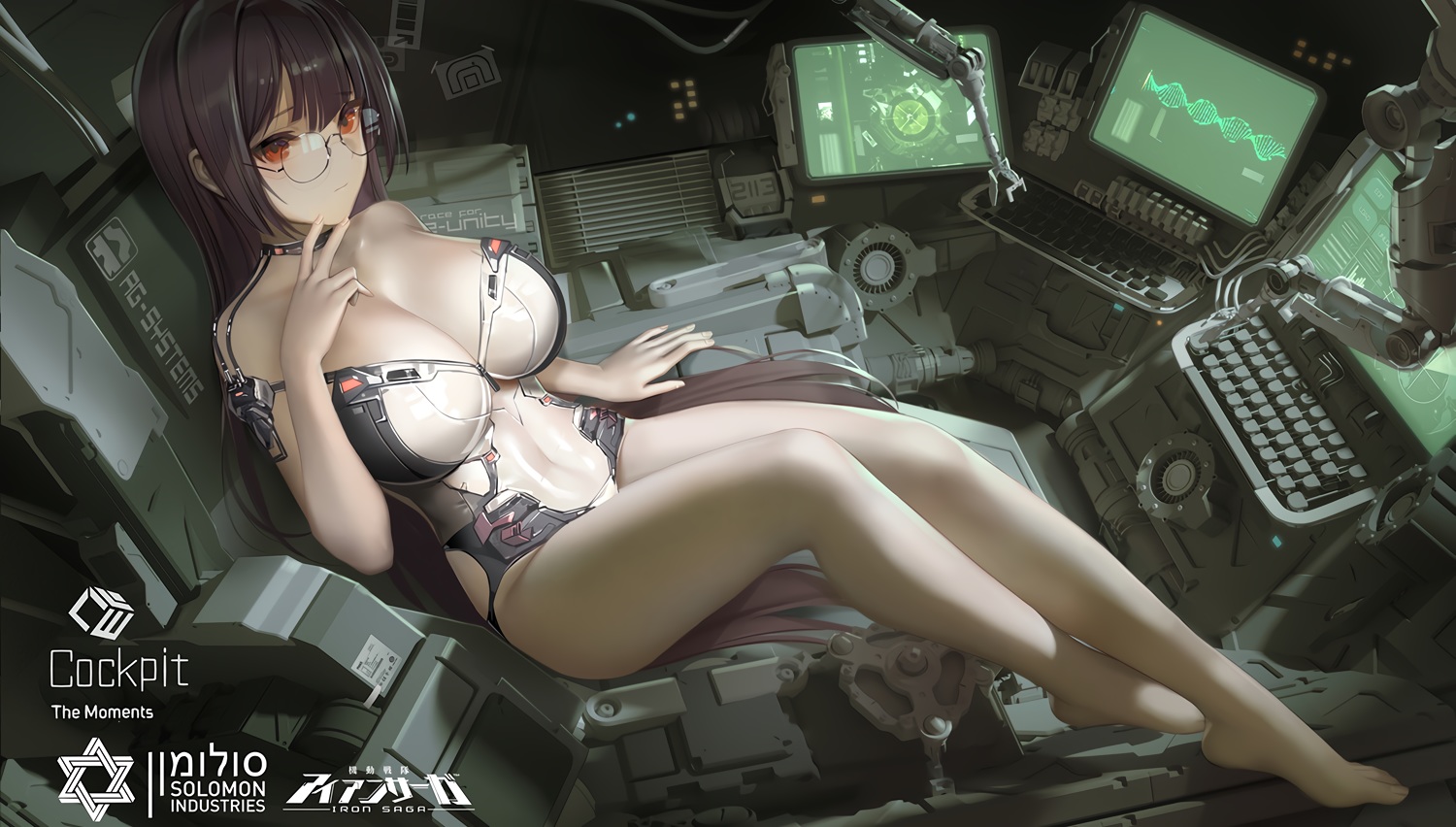 barefoot, bodysuit, breasts, brown_hair, cleavage, computer, elaine_(iron_saga), glasses