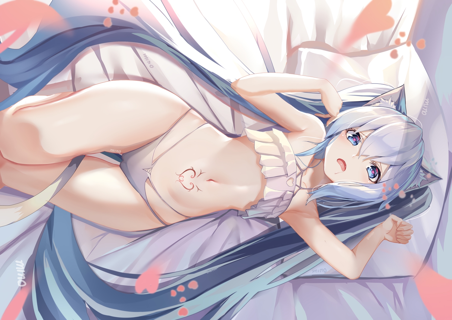 animal_ears, bed, bikini, cameltoe, catgirl, hatsune_miku, minoominoomi, signed, swimsuit, tail, tattoo, vocaloid