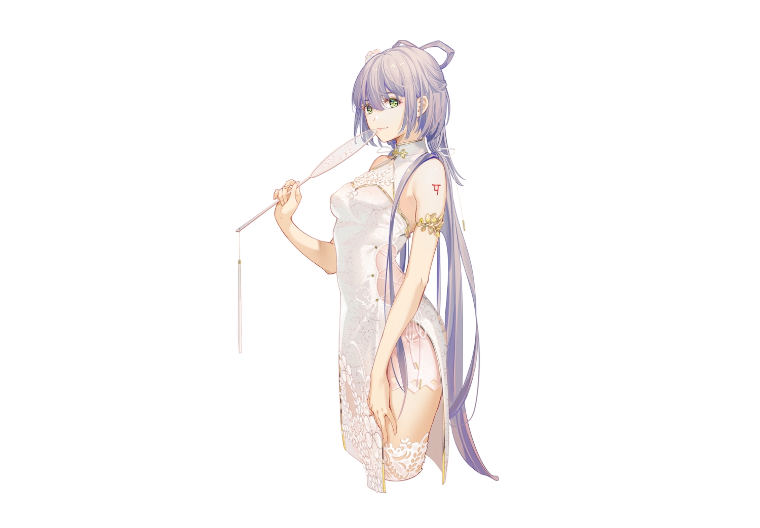 chinese_clothes, chinese_dress, dress, fan, green_eyes, long_hair, luo_tianyi, purple_hair