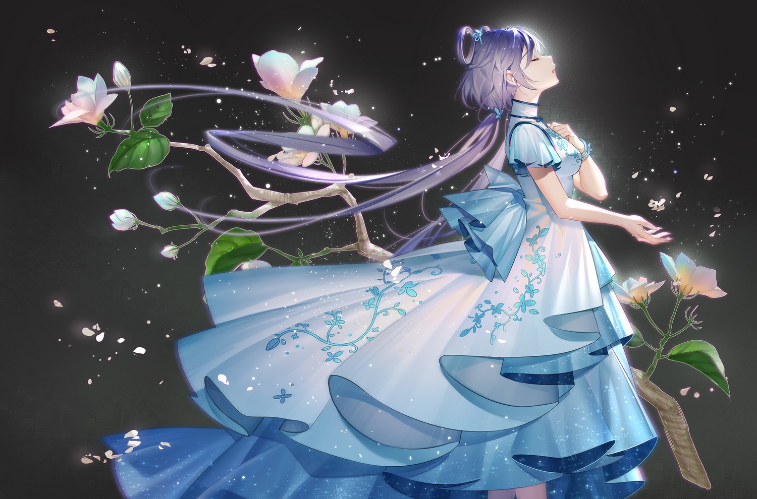 chinese_clothes, chinese_dress, dress, flowers, gray, long_hair, luo_tianyi, purple_hair