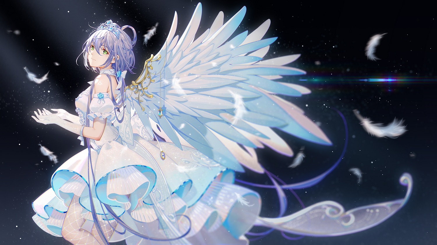 choker, dress, elbow_gloves, feathers, gloves, green_eyes, long_hair, luo_tianyi