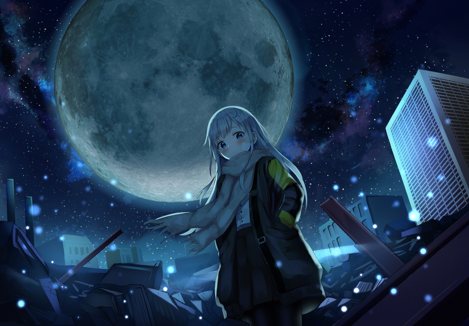hwanhee, long_hair, moon, original, pantyhose, sky