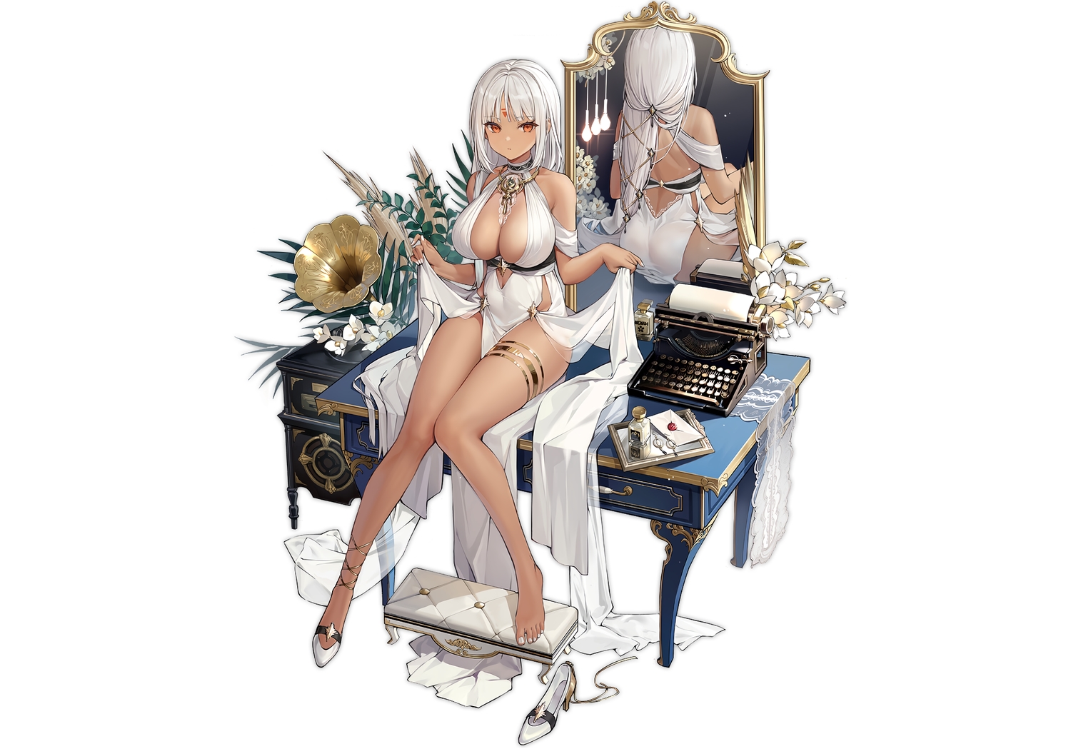 anthropomorphism, ass, azur_lane, barefoot, dark_skin, dress, enka_(bcat), flowers, long_hair, massachusetts_(azur_lane), orange_eyes, reflection, white, white_hair