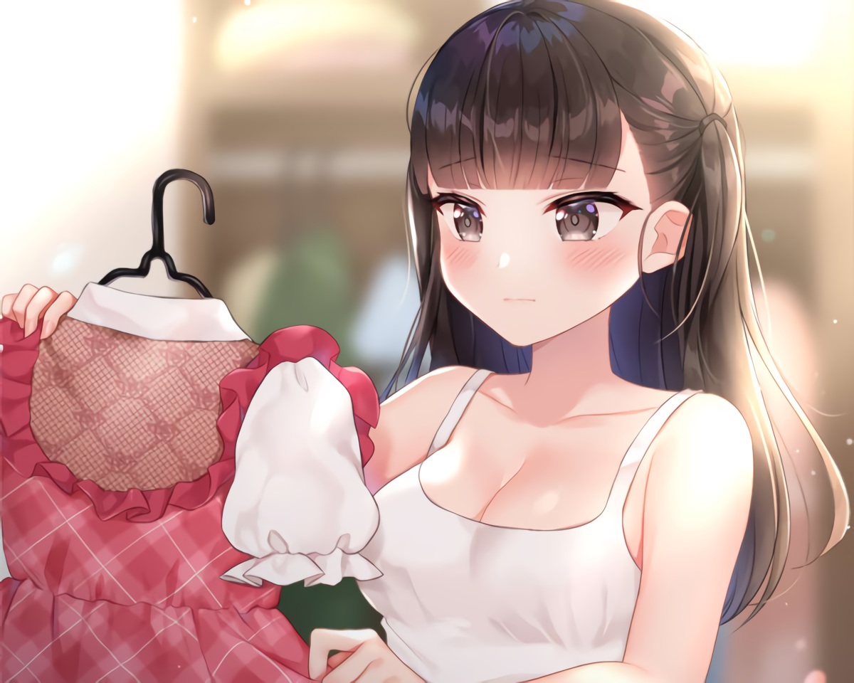 blush, breasts, brown_eyes, brown_hair, cleavage, cropped, long_hair, naomi_(fantasia)