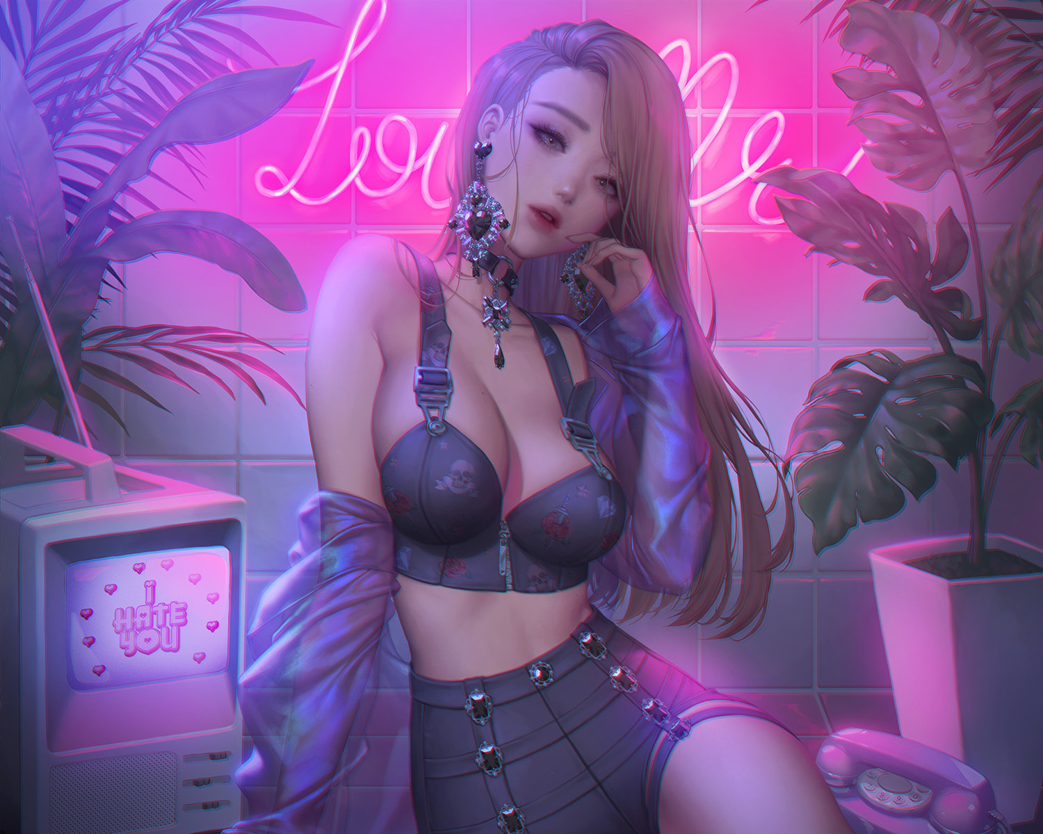 blush, breasts, cleavage, cropped, love_cacao, original, phone, pink_hair
