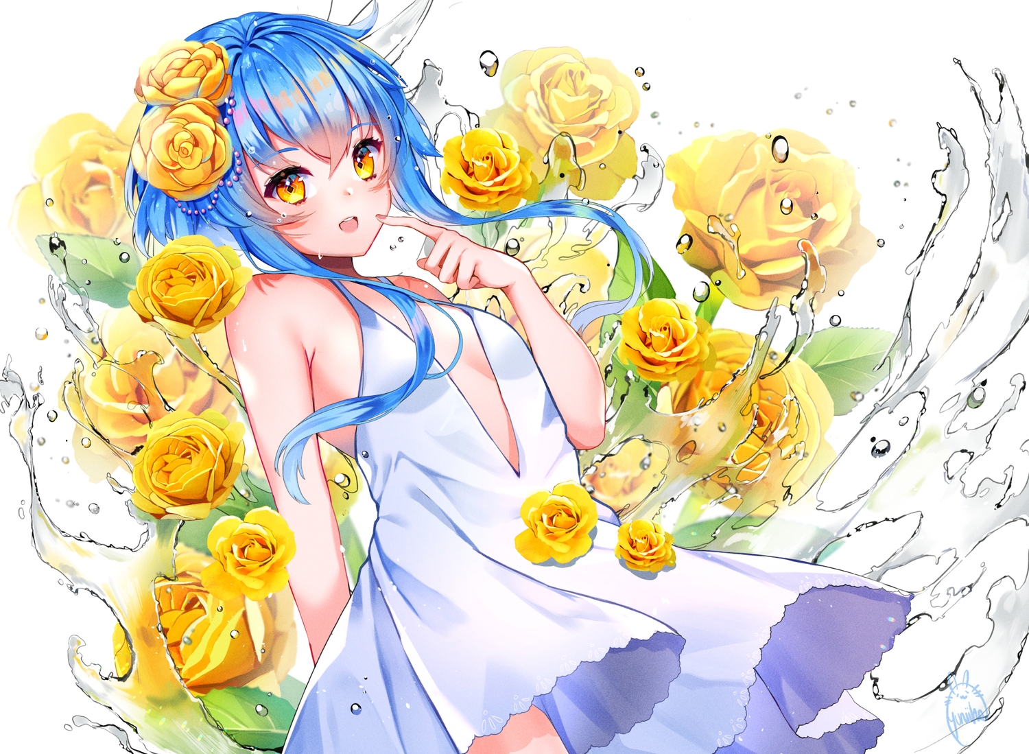blue_hair, blush, dress, flowers, original, rose, signed, summer_dress