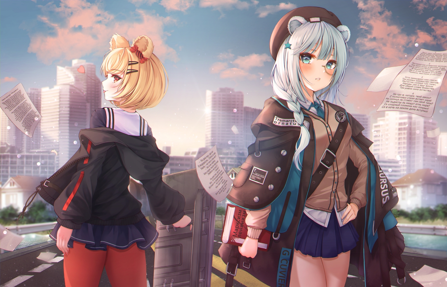 2girls, animal_ears, aqua_eyes, aqua_hair, arknights, blonde_hair, blush, bnari