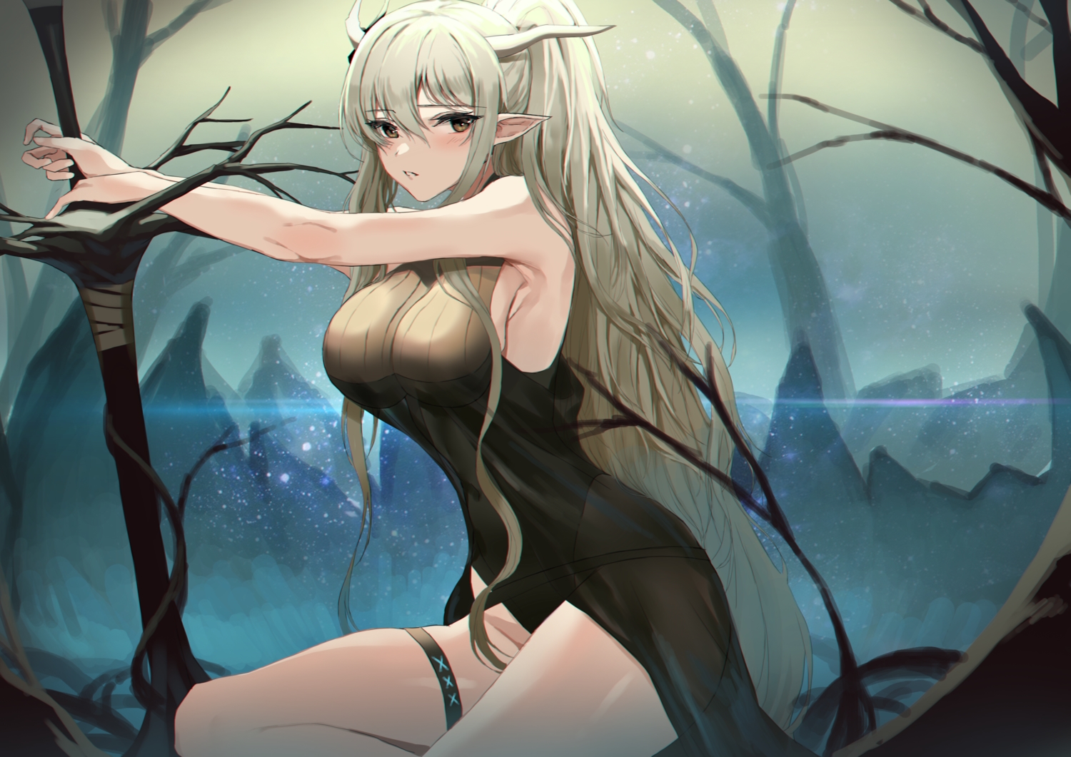 arknights, horns, molyb, pointed_ears, shining_(arknights), sword, tree, weapon