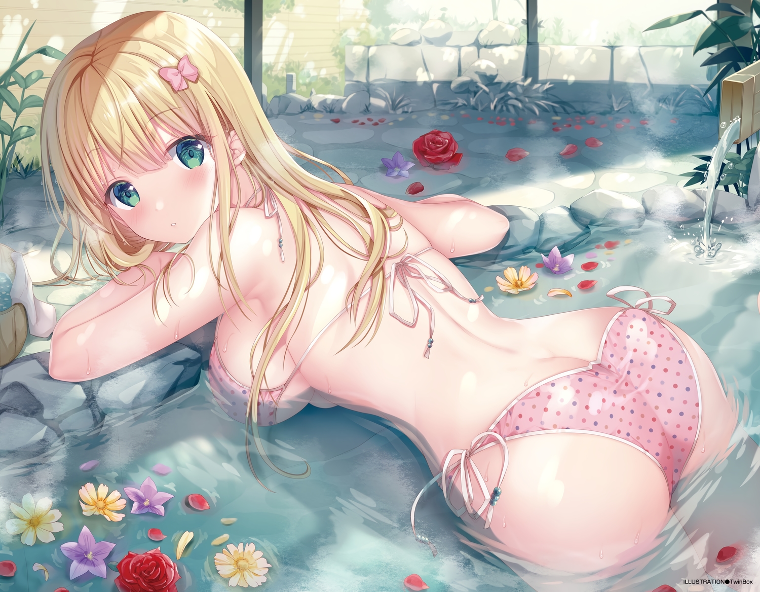ass, bikini, blonde_hair, blush, flowers, green_eyes, inagaki_minami, long_hair, original, rose, scan, sousouman, swimsuit, water, watermark, wet
