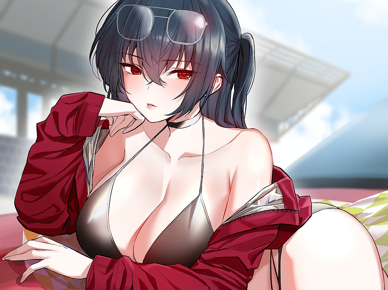 anthropomorphism, azur_lane, bikini, black_hair, breasts, choker, cleavage, cropped, hyury, long_hair, ponytail, red_eyes, sunglasses, swimsuit, taihou_(azur_lane), waifu2x
