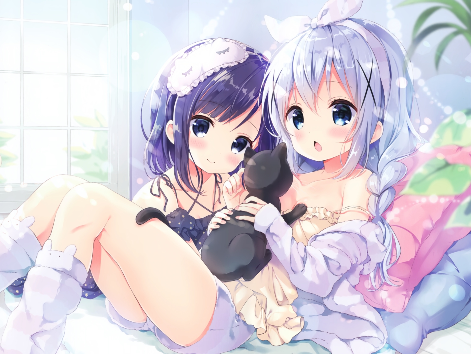 2girls, animal, barefoot, bed, blue_eyes, blush, cat, fuiba_fuyu