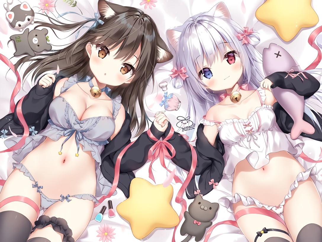 2girls, animal_ears, bed, bell, blue_eyes, brown_eyes, brown_hair, cameltoe