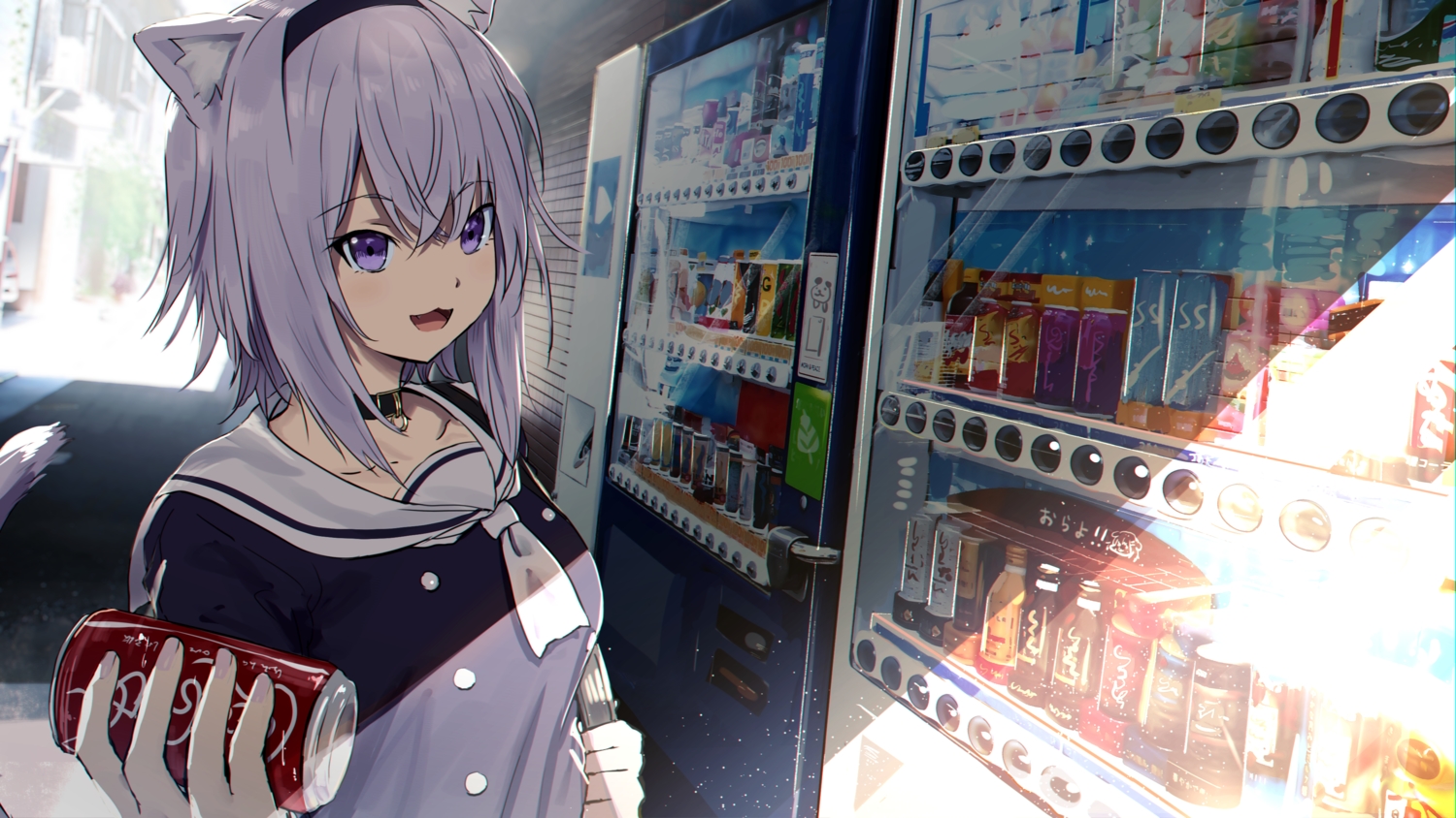animal_ears, catgirl, cat_smile, collar, drink, hololive, misaki_nonaka, nekomata_okayu